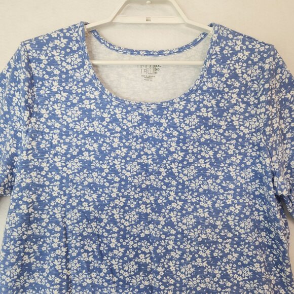Time and Tru Womens Top Blue White Floral XXXL 22 Short Sleeve Stretch - Picture 2 of 8